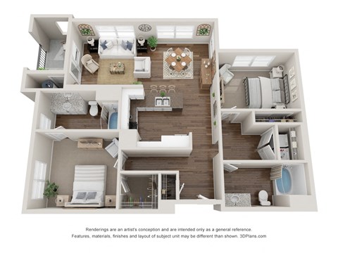 Floor plan for 2 beds, 2 baths, 1073 sqft